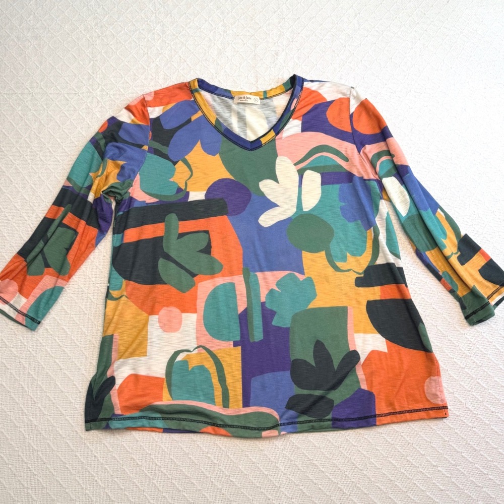 Jess & Jane Womens Abstract Geometric V-Neck Long Sleeve Top PS2-1644 Multi L